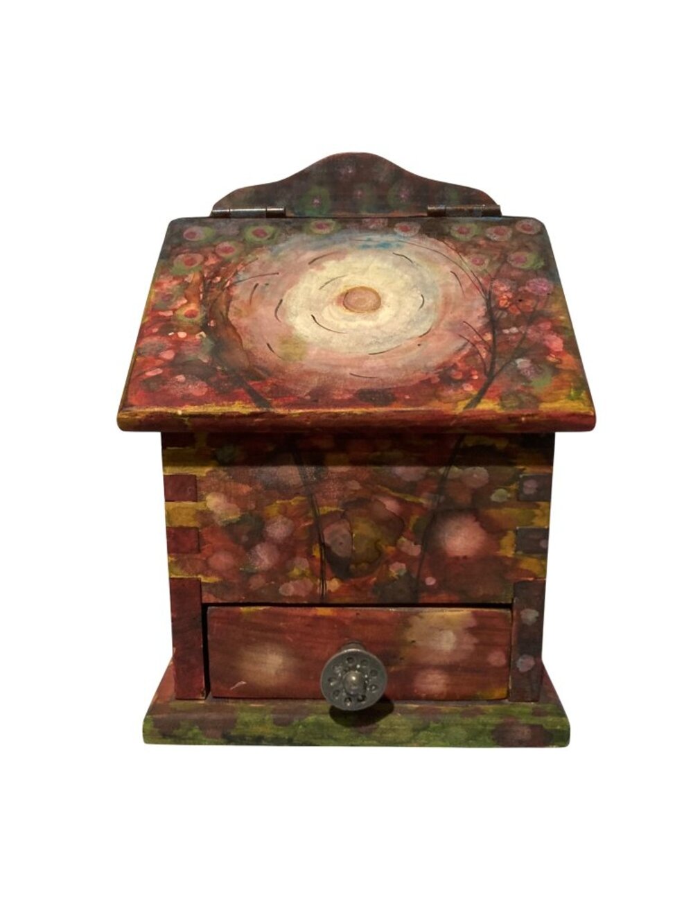 Old Hand Painted Wooden Decorative Box With Drawer Floral Watercolor Design
